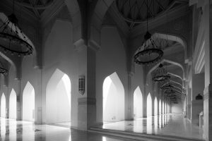 B&W Fine art architecture photography of the interior of the Grand Mosque in Qatar