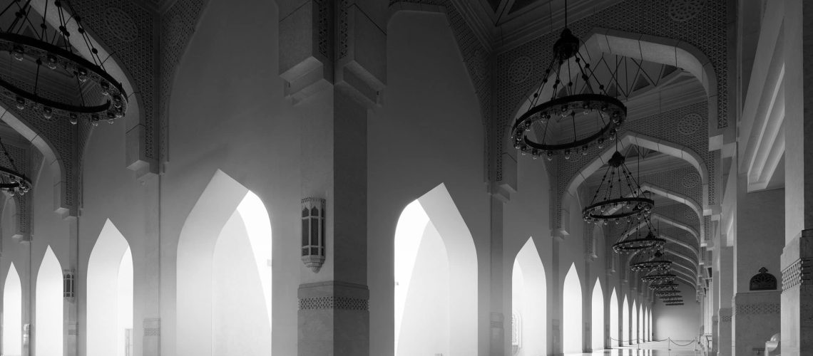 B&W Fine art architecture photography of the interior of the Grand Mosque in Qatar